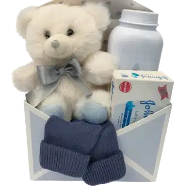 New Baby Kit with Blue Bear, talc, soap and socks