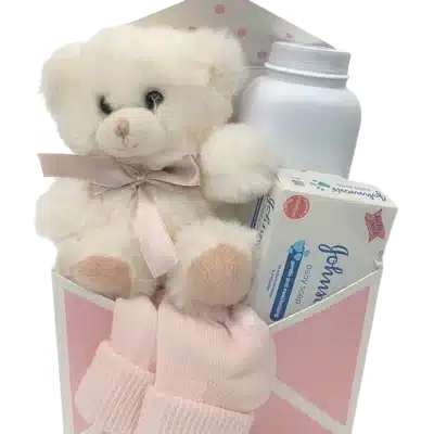 New Baby Kit with Pink Bear, talc, soap and socks