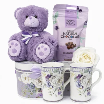 Rose themed Teacup set with Lavender Bear and Blueberry Chocolates.