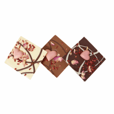 Squares of Chocolate with Heart Shapes, infused with flower petals.