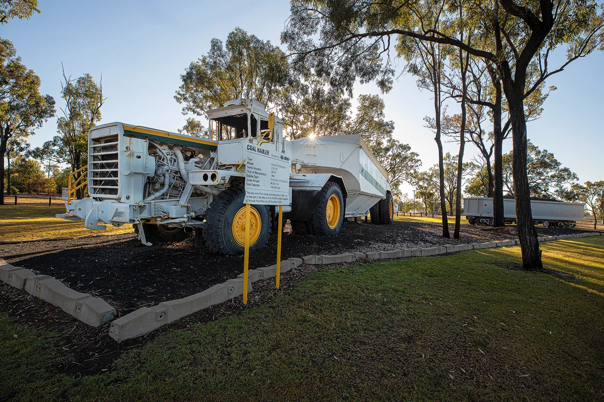 Coal hauler and coal wagon at the entrance to Dysart Queensland
